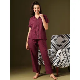 Clovia Women Embroidered Cotton Shirt & Pyjama Night suit-picture-15