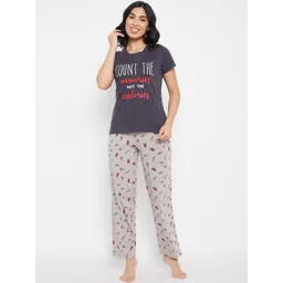 Clovia Women Grey Floral Printed Pure Cotton T Shirt & Pyjama Set-picture-35