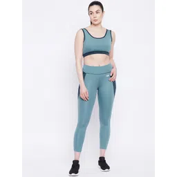 Clovia Women Teal & Black Padded Non Wired Sports Bra with Tights-picture-41
