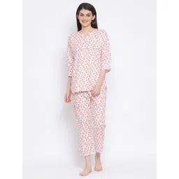 Clovia Women White & Pink Printed Night Suit image 1