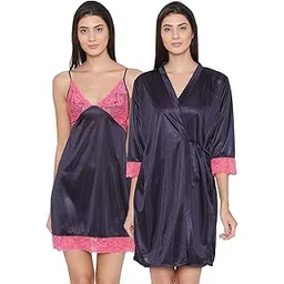 clovia Women's 2 Pcs Satin Nightwear Set in Navy & Pink - Short Robe & Nightie-picture-20