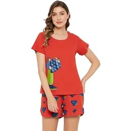 clovia Women's Cotton Emoji Top & Short Set In Red-picture-12