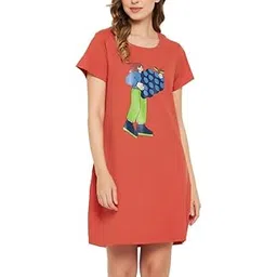 clovia Women's Cotton Graphic Print Short Nightdress in Red-picture-14