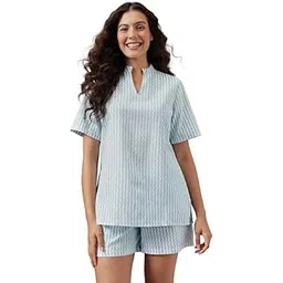 clovia Women's Cotton Kurta Style Top & Shorts Night Suit Set- Blue-picture-12