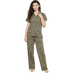 clovia Women's Cotton Print Button Me Up Shirt & Pajamas Set-picture-37