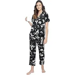 clovia Women's Crepe Printed Button Down Shirt & Pyjama Set - Black-picture-37
