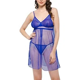 clovia Women's Lace Chic Basic Semi-Sheer Knee Length Baby Doll with Matching G-String-picture-29