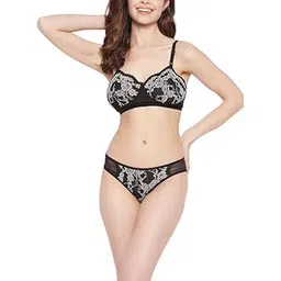 clovia Women's Lace Non-Padded Non-Wired Full Cup Bra & Low Waist Bikini Panty Set in Black-picture-25