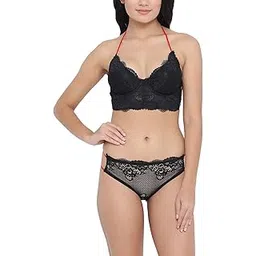 clovia Women's Lace Non-Padded Underwired Plunge Bra with Bikini Panty-picture-35