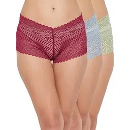 clovia Women's Lace Pack of 3 Low Waist Sheer Boyshorts - Multicolor-picture-27