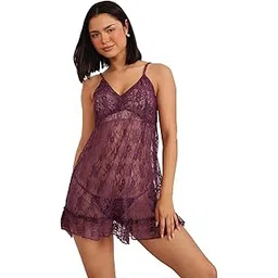 clovia Women's Lace Self-Patterned Knee Length Babydoll with Matching Thong-picture-30