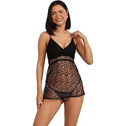 clovia Women's Lace Sheer Babydoll with Thong-picture-26