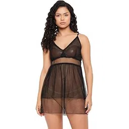 clovia Women's Lace Solid Babydoll with Thong in Black-picture-19
