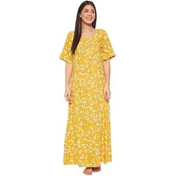 clovia Women's Rayon Printed Long Night Dress - Yellow-picture-48