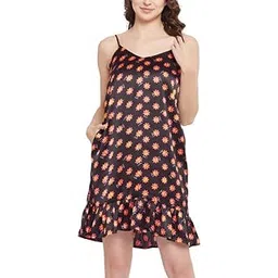 clovia Women's Satin Print Me Pretty Short Night Dress in Black-picture-40
