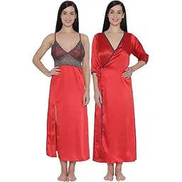 clovia Women's Satin Spaghetti Night Dress & Robe in Red-picture-34
