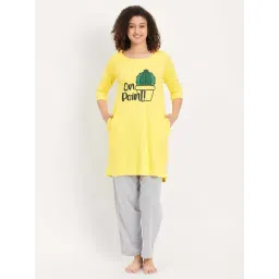 Clovia Yellow & Grey Cotton Printed Sleep Tees Pyjamas Set-picture-41