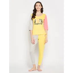 Clovia Yellow & Grey Printed T-Shirt With Joggers-picture-11