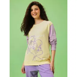 Clovia Yellow & Purple Cotton Regular Fit Printed Sweatshirt-picture-39