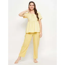 Clovia Yellow Cotton Regular Fit Floral Print Top & Pyjama Set-picture-20