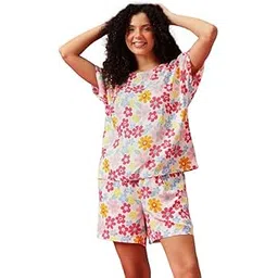 Women's Floral Printed Rayon Night Suit | Top and Shorts Sleepwear Set with Pocket | Nightwear Co-ord Set-image-28