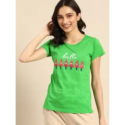 Clt.s Women Green & Pink Pure Cotton Graphic Printed Lounge T-shirt-picture-21