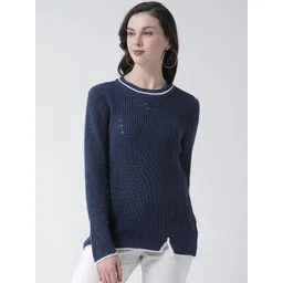 Club York Women Blue & White Ribbed Pullover-picture-43