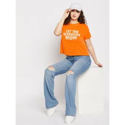 club york Women Printed Round Neck Cotton Blend Orange T-Shirt-picture-15