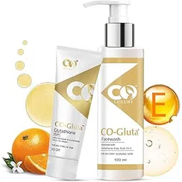 CO Luxury Glutathione Skin Brightening Face Wash 100ml & Cream 30gm Set | With Vitamin C, E, Kojic Acid | For Glowing, Even-Toned Skin | For Men & Women-picture-56