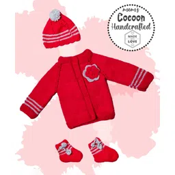 COCOON ORGANICS Handcrafted Full Sleeves Floral Design Sweater With Cap & Socks - Red-picture-12