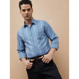 Code By Lifestyle Mid Blue Slim Fit Striped Shirt-picture-17