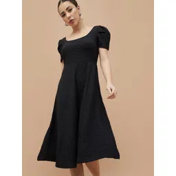 CODE by Lifestyle Women Solid Self Design Square Neck Puff Sleeve Fit & Flare Midi Dress-picture-30