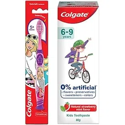 Colgate Kids Cavity Protection Toothpaste for 6-9 Years, 80g, Natural Strawberry Mint Flavour, 0% Artificial, with Colgate Barbie Extra Soft bristles Toothbrush (5+ years)-picture-21