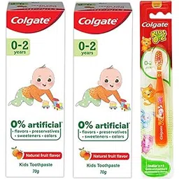 Colgate Kids Cavity Protection Toothpaste for 0-2 Years, 140g (70g x 2), Natural Fruit Flavour, 0% Artificial substances, SLS Free, Fluoride Free with Kid's Extra Soft Toothbrush (1 pc) (0- 24 months)-picture-14