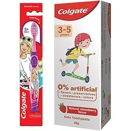 Colgate Toothpaste for Kids (3-5 years), Natural Strawberry Flavour, 0% Artificial- 80g with Colgate Barbie Extra Soft Toothbrush (5+ yrs) - 1 Pc-picture-20