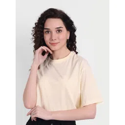 COLOR CAPITAL Women Beige Solid Extended Sleeves Tropical Boxy T-shirt-picture-36