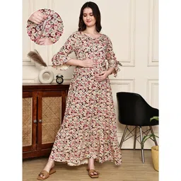 COLOR STUDIO Georgette Woven Three Fourth Bell Sleeves Floral Printed Maternity Maxi Dress With Nursing Access - Beige-picture-22