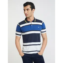 Colorplus Blue Cotton Tailored Fit Striped Polo T-Shirt image 1