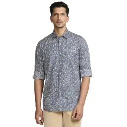 ColorPlus Dark Blue Cotton Tailored Fit Printed Shirt-picture-32