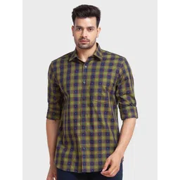 ColorPlus Men Green Tailored Fit Checked Organic Cotton Casual Shirt-picture-15