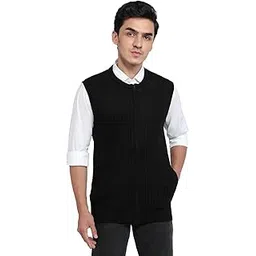colorplus Men Regular Fit Structure Pattern Acrylic Wool Blend Sleeveless V Neck Casual Sweater Black-picture-14