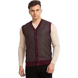 colorplus Men's Classic Fit Polyester Blend Sleeveless V Neck Dobby Pattern Dark Maroon Casual Sweater-picture-32