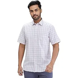 colorplus Men's Tailored Fit Checks Pattern Pure Cotton Spread Collar Half Sleeve Casual Shirt-picture-31