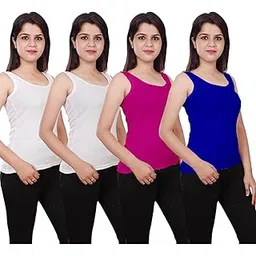 Combo Pack 4 Cotton Rib Solid Casual Slim Fit U-Neck Sleeveless Tank Top/Vest Camisole for Women (S) Multicolour-picture-14