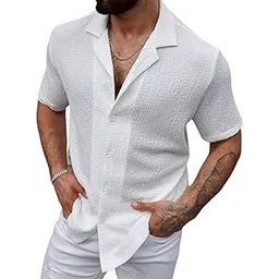 combraided Men's Regular Fit Cotton Blend Shirts | Half Sleeve Solid Pattern | Casual Wear for Everyday Style (M, White)-picture-33
