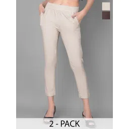 Comfort Lady Women Pack Of 2 Regular Fit Mid-Rise Elastic Waist Cotton Trousers-picture-35