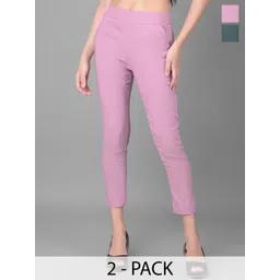 Comfort Lady Women Pack Of 2 Solid Regular Fit Mid-Rise Cotton Trousers-picture-41