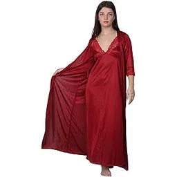 Conighty - Women's Satin Lace V-Neck Sleeveless Ankle Length Maxi 2pcs Nighty Robe Set II Bridal Nightwear Sexy Silky Lace Nighty II Attractive & Stylish Night Wear-picture-44