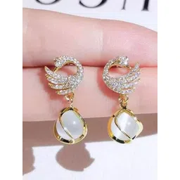 Conjoin Gold-Plated Stones Studded And Pearls beaded Peacock Shaped Korean Drop Earrings-picture-13