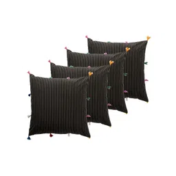 Contrast Living Black & Yellow 4 Pieces Striped Square Cotton Cushion Covers-picture-34